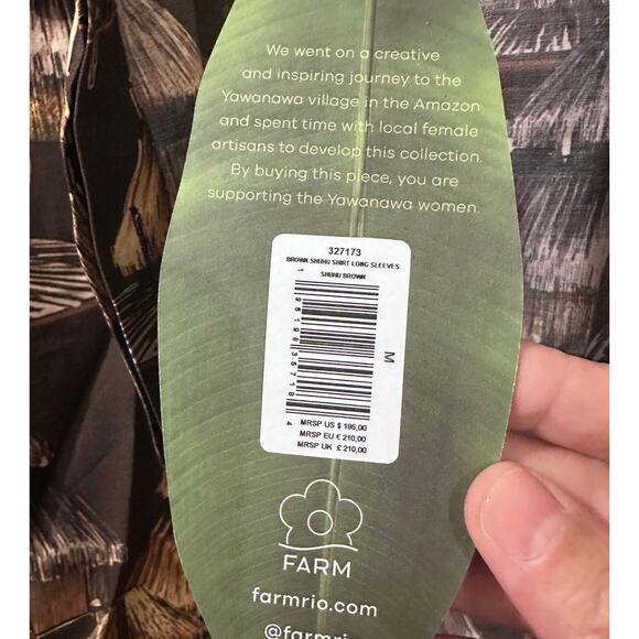 NWT Farm Rio x Yawanawa The Shuhu Brown Long Sleeve Button Up Shirt, size M - Picture 10 of 13